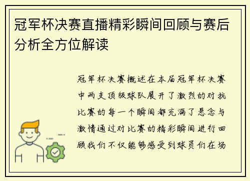 冠军杯决赛直播精彩瞬间回顾与赛后分析全方位解读